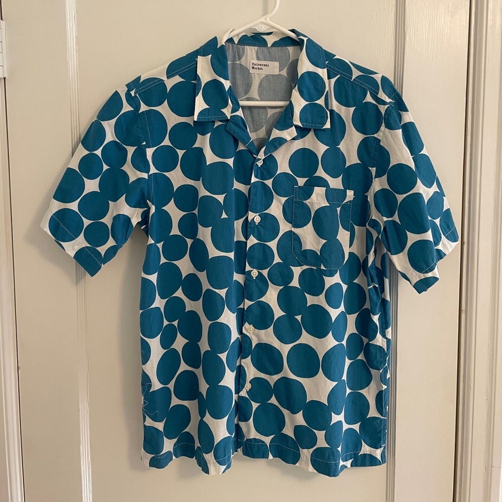 Universal Works - Camp collar shirt - Blue and White Polka Dot Men's Shirt